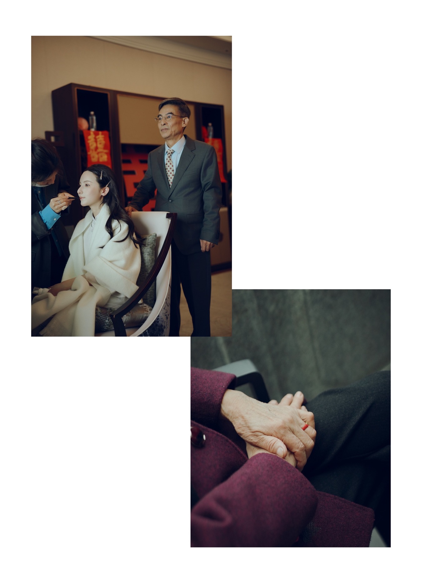 新娘化妆时父亲站在身后，以及家人交握双手的拼图