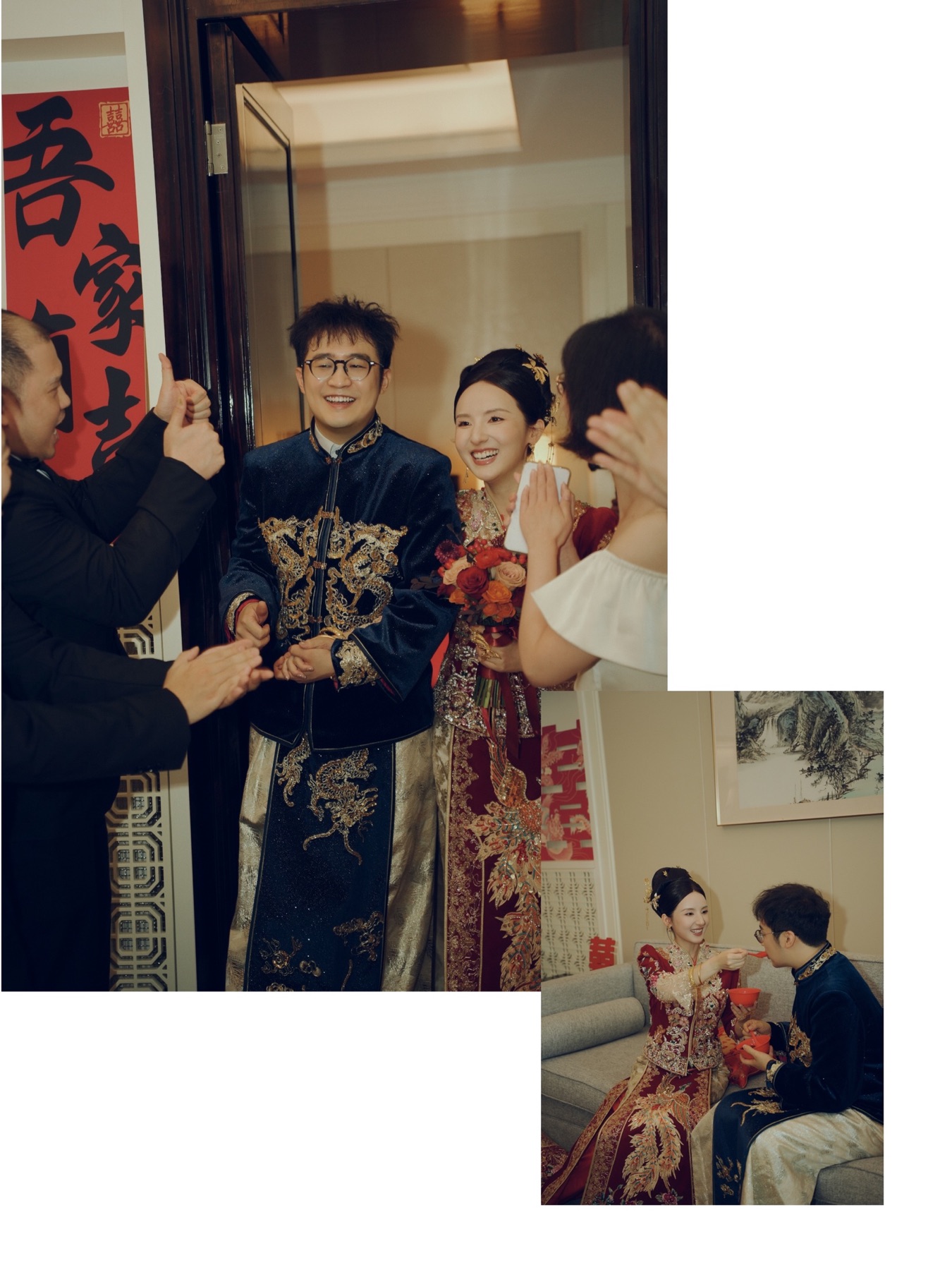 新人走出婚房接受亲友祝福，并在房间里互相喂甜汤的拼图
