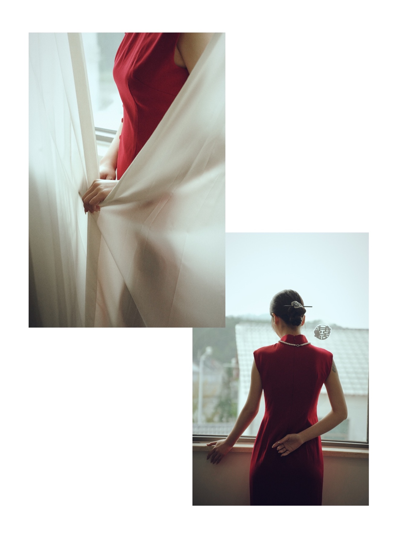 新娘穿着红色礼服准备婚礼